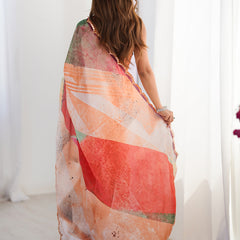 Stylish Multi Color Printed Chinon Silk Saree With Elegant Mirror Work Border