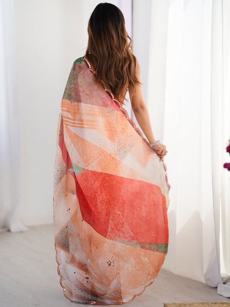 Stylish Multi Color Printed Chinon Silk Saree With Elegant Mirror Work Border