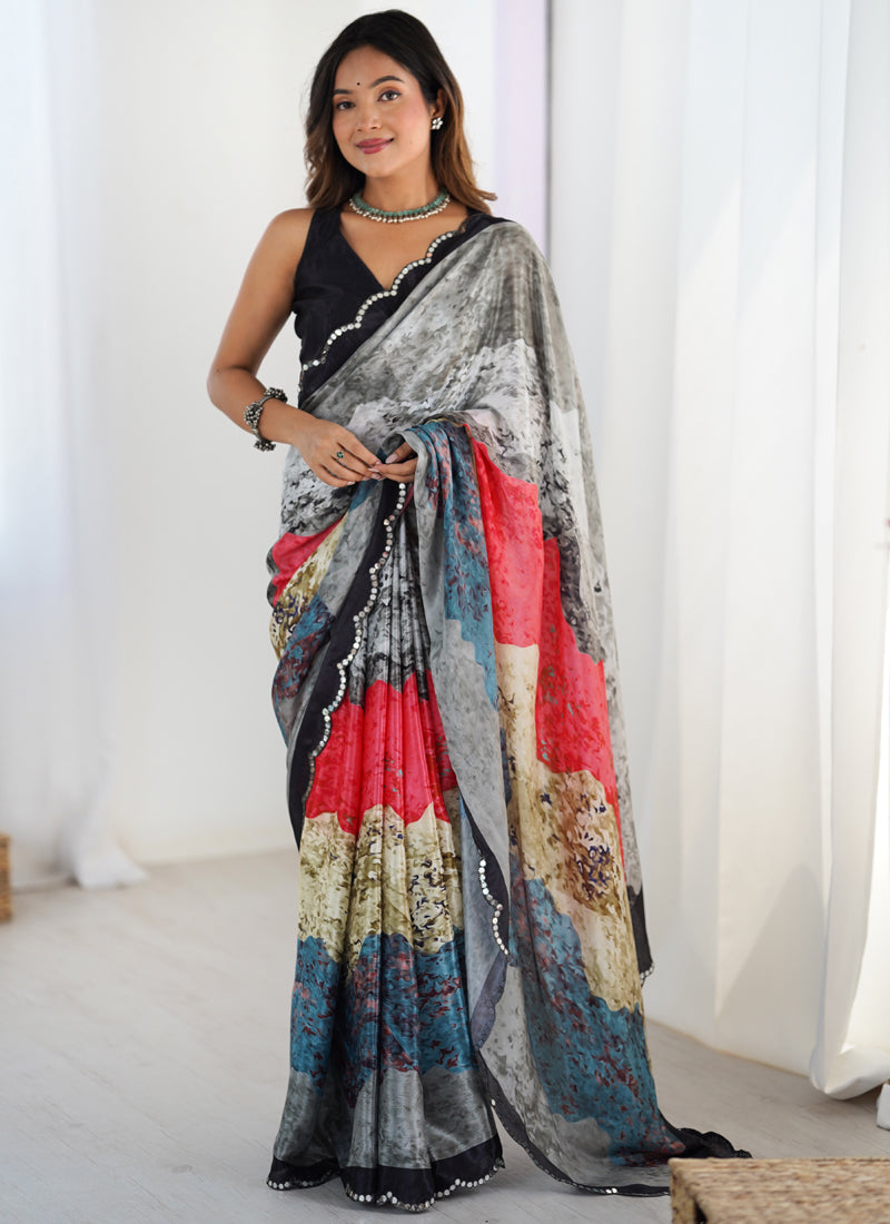 Elegant Chinon Silk Print Work Saree With Multi Color Design & Mirror Border