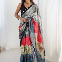 Elegant Chinon Silk Print Work Saree With Multi Color Design & Mirror Border