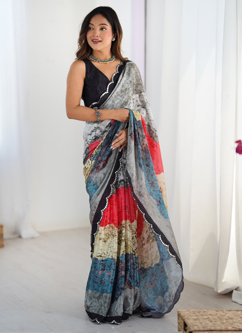 Elegant Chinon Silk Print Work Saree With Multi Color Design & Mirror Border
