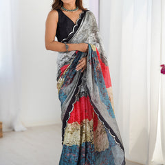 Elegant Chinon Silk Print Work Saree With Multi Color Design & Mirror Border