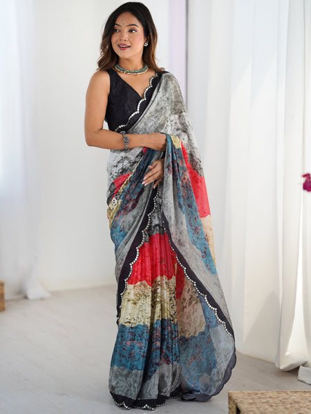Elegant Chinon Silk Print Work Saree With Multi Color Design & Mirror Border