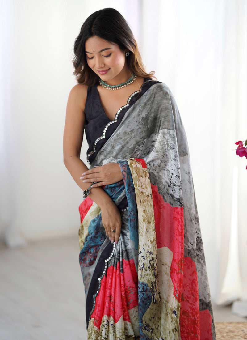 Elegant Chinon Silk Print Work Saree With Multi Color Design & Mirror Border