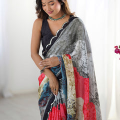 Elegant Chinon Silk Print Work Saree With Multi Color Design & Mirror Border