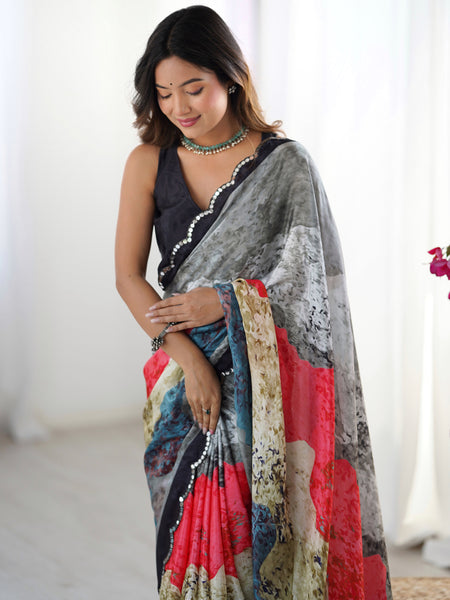 Elegant Chinon Silk Print Work Saree With Multi Color Design & Mirror Border