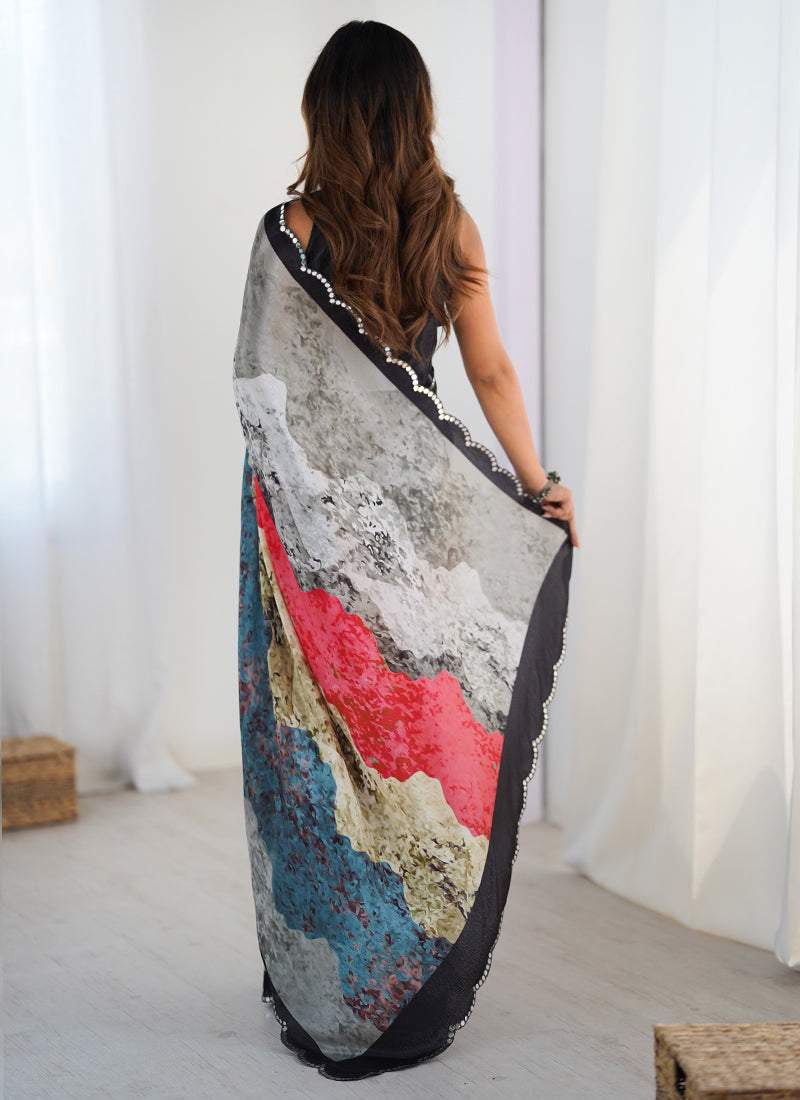 Elegant Chinon Silk Print Work Saree With Multi Color Design & Mirror Border