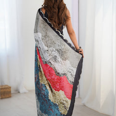 Elegant Chinon Silk Print Work Saree With Multi Color Design & Mirror Border