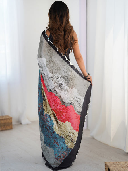 Elegant Chinon Silk Print Work Saree With Multi Color Design & Mirror Border