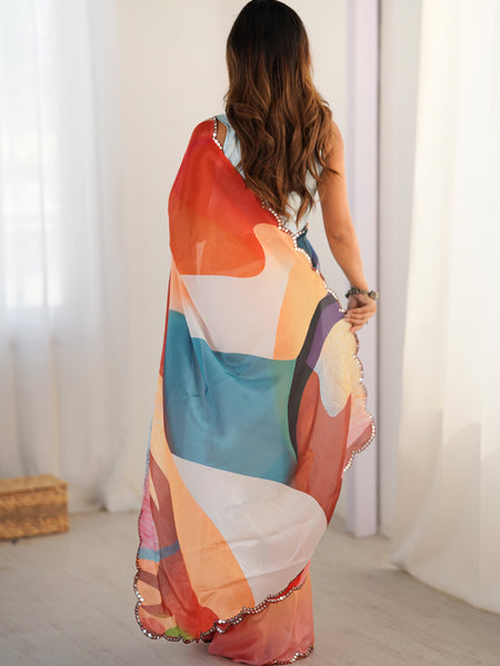 Multi Color Chinon Silk Print Work With Mirror Work Border Designer Saree