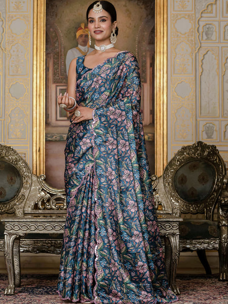 Multi Color Chinon Silk Floral Printed Ready To Wear Saree With Mirror Work Border