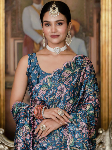 Multi Color Chinon Silk Floral Printed Ready To Wear Saree With Mirror Work Border