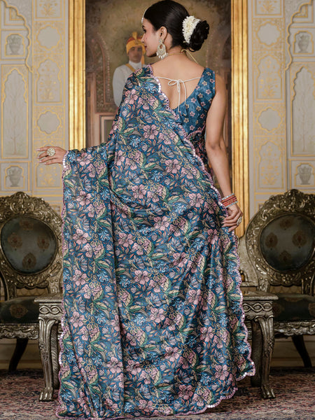 Multi Color Chinon Silk Floral Printed Ready To Wear Saree With Mirror Work Border
