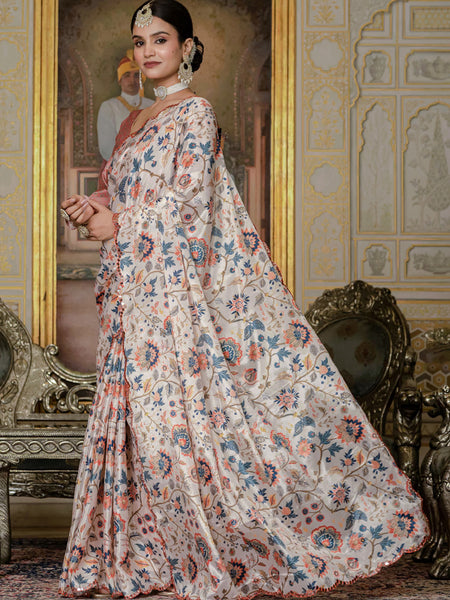 Floral Printed Chinon Silk Ready To Wear Saree With Elegant Mirror Work Border