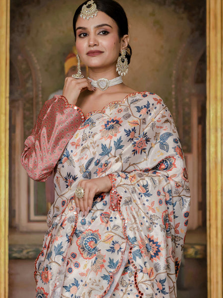 Floral Printed Chinon Silk Ready To Wear Saree With Elegant Mirror Work Border