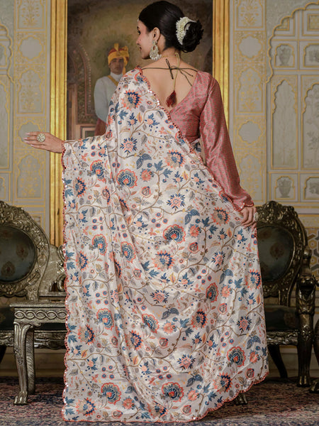 Floral Printed Chinon Silk Ready To Wear Saree With Elegant Mirror Work Border