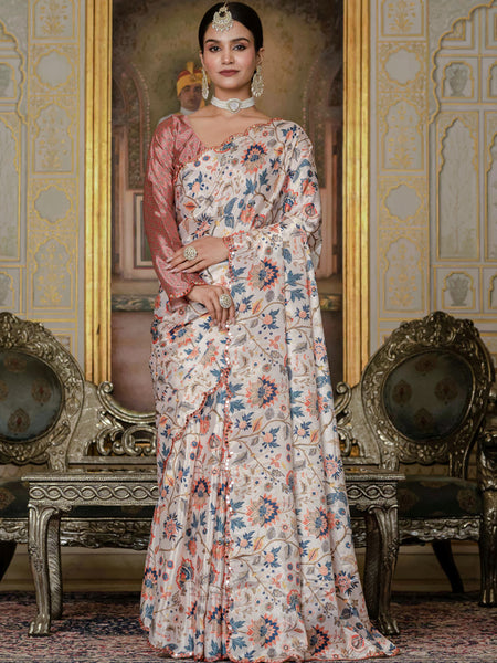 Floral Printed Chinon Silk Ready To Wear Saree With Elegant Mirror Work Border