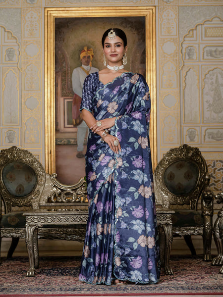 Designer Chinon Silk Floral Print Ready To Wear Saree with Mirror Border