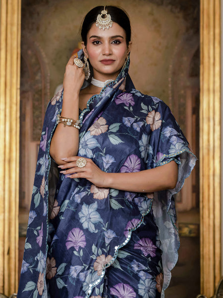 Designer Chinon Silk Floral Print Ready To Wear Saree with Mirror Border