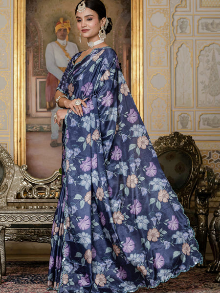 Designer Chinon Silk Floral Print Ready To Wear Saree with Mirror Border