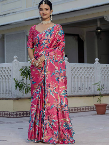 Stylish Multi Color Floral Chinon Silk Saree With Mirror Work Border Detail