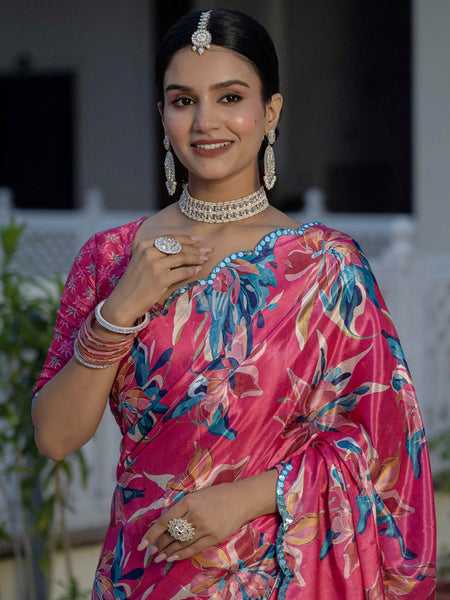Stylish Multi Color Floral Chinon Silk Saree With Mirror Work Border Detail