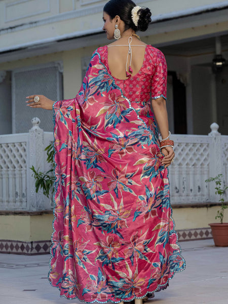 Stylish Multi Color Floral Chinon Silk Saree With Mirror Work Border Detail