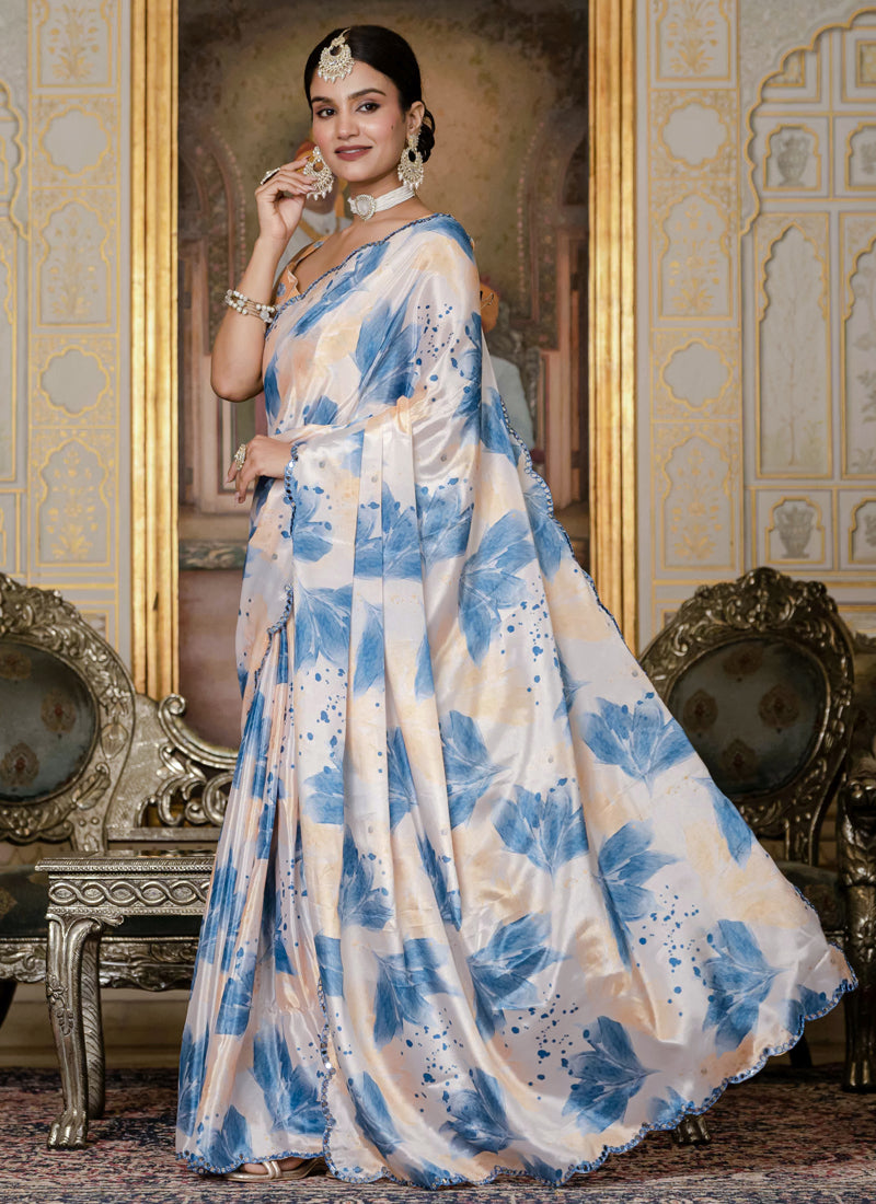 Soft Chinon Silk Floral Printed Saree for Women With Mirror Border Work