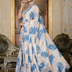 Soft Chinon Silk Floral Printed Saree for Women With Mirror Border Work