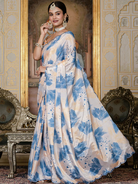 Soft Chinon Silk Floral Printed Saree for Women With Mirror Border Work