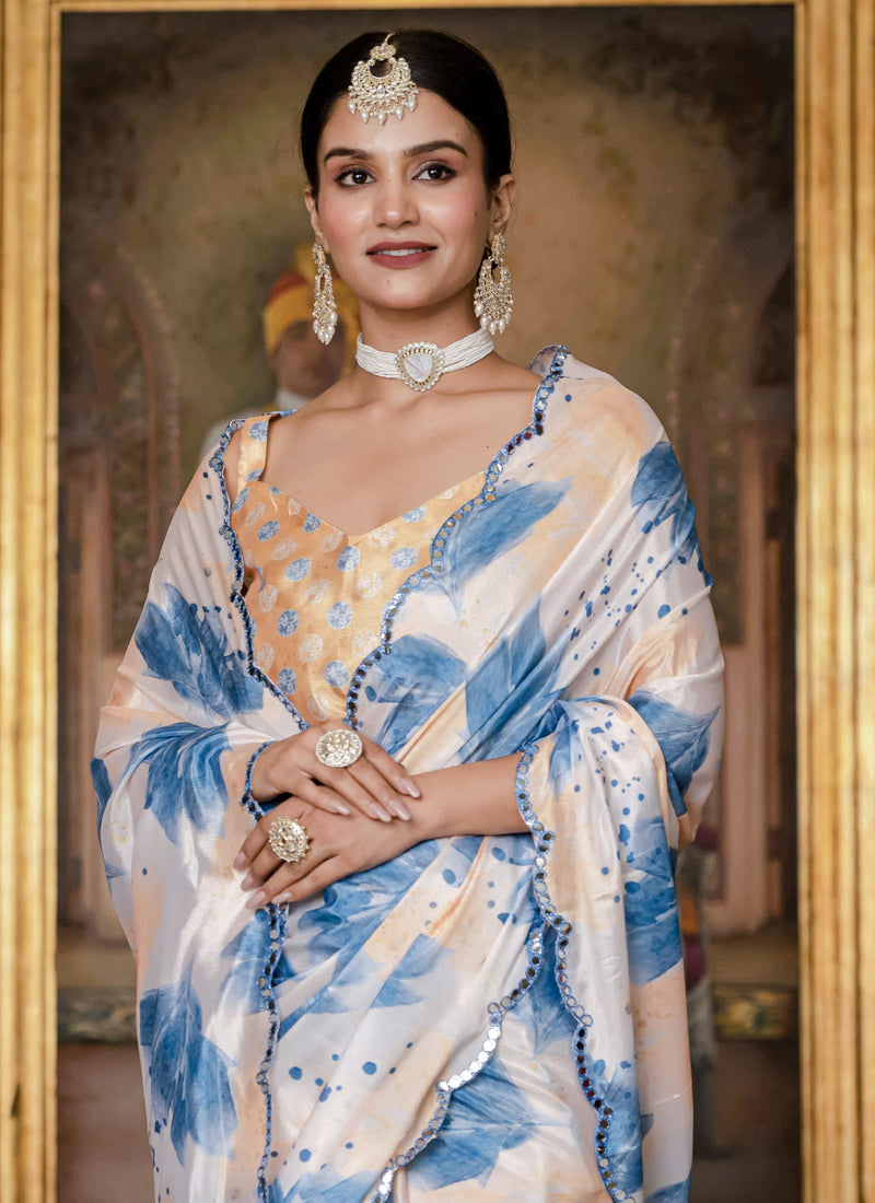 Soft Chinon Silk Floral Printed Saree for Women With Mirror Border Work