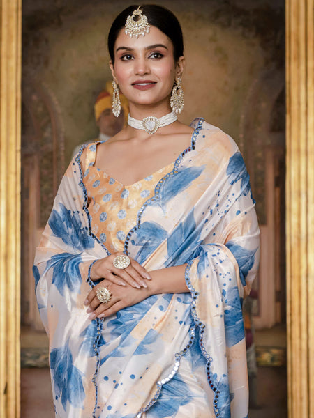 Soft Chinon Silk Floral Printed Saree for Women With Mirror Border Work