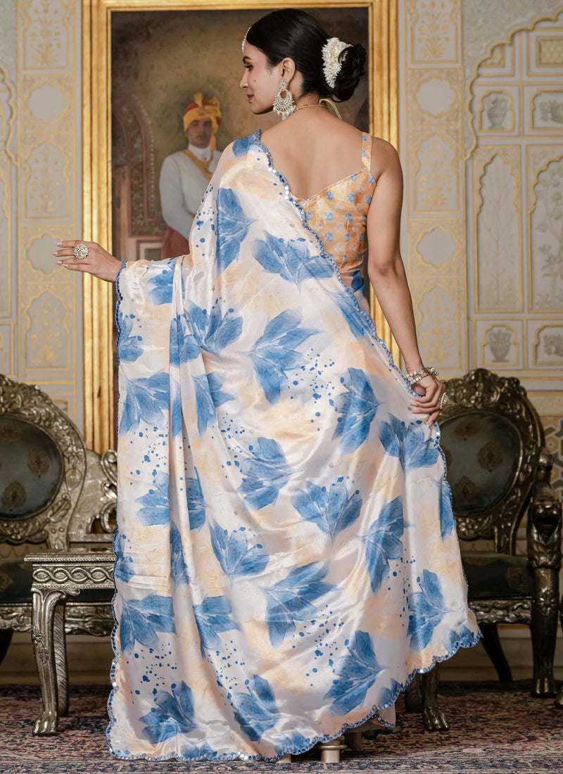 Soft Chinon Silk Floral Printed Saree for Women With Mirror Border Work
