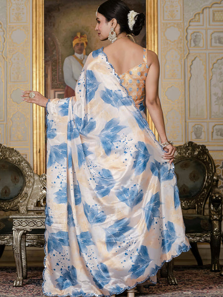 Soft Chinon Silk Floral Printed Saree for Women With Mirror Border Work