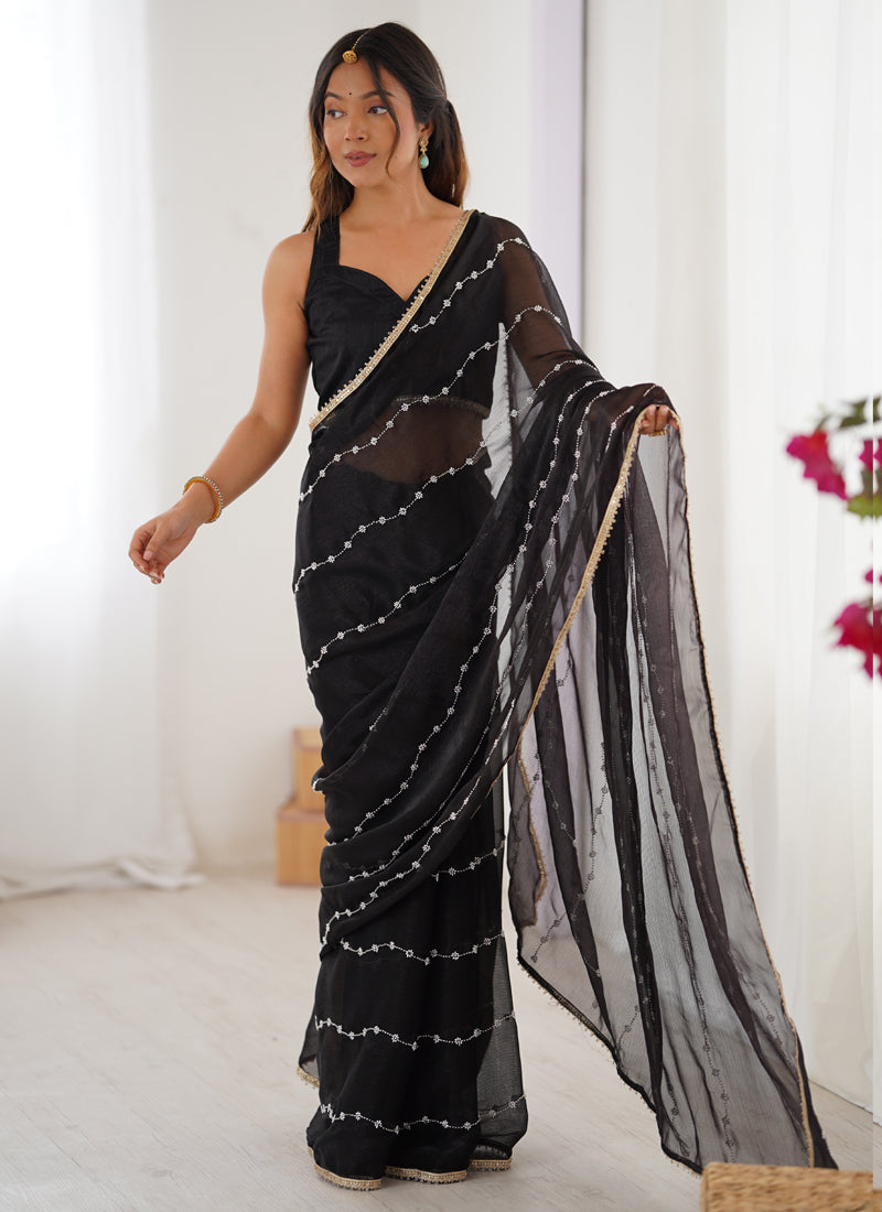 Black Smooth Sitara Fabric Moti & Val Sequence Designer Saree