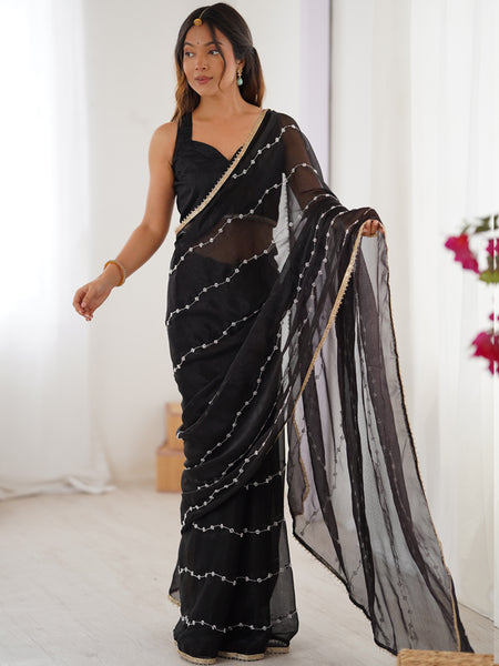 Black Smooth Sitara Fabric Moti & Val Sequence Designer Saree
