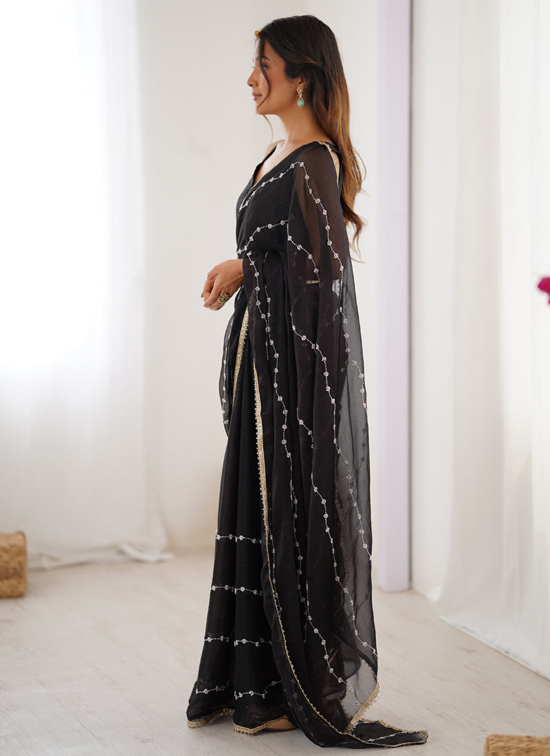 Black Smooth Sitara Fabric Moti & Val Sequence Designer Saree