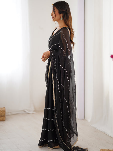 Black Smooth Sitara Fabric Moti & Val Sequence Designer Saree