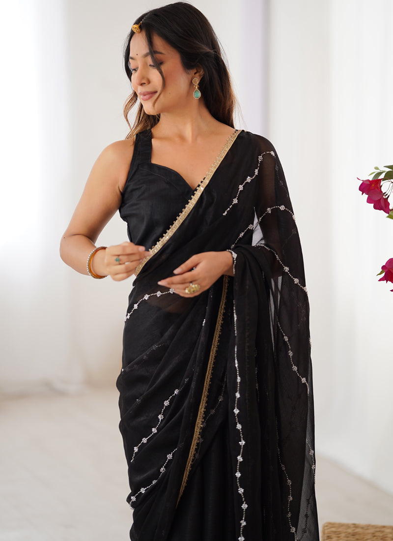 Black Smooth Sitara Fabric Moti & Val Sequence Designer Saree