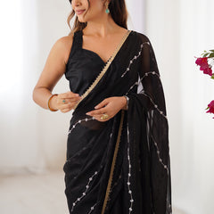 Black Smooth Sitara Fabric Moti & Val Sequence Designer Saree