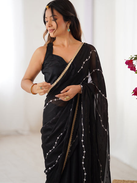Black Smooth Sitara Fabric Moti & Val Sequence Designer Saree