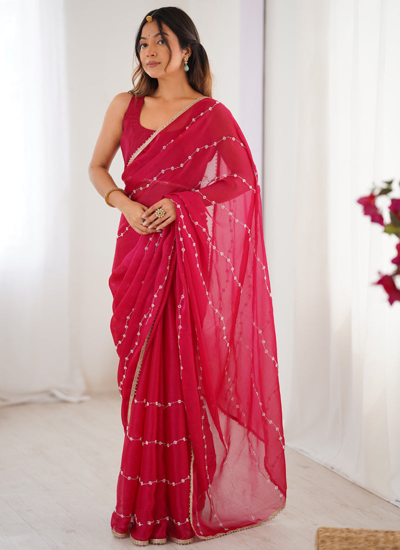 Pink Smooth Sitara Fabric Moti & Val Sequence Designer Saree