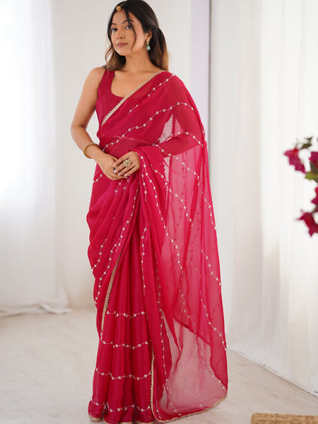 Pink Smooth Sitara Fabric Moti & Val Sequence Designer Saree