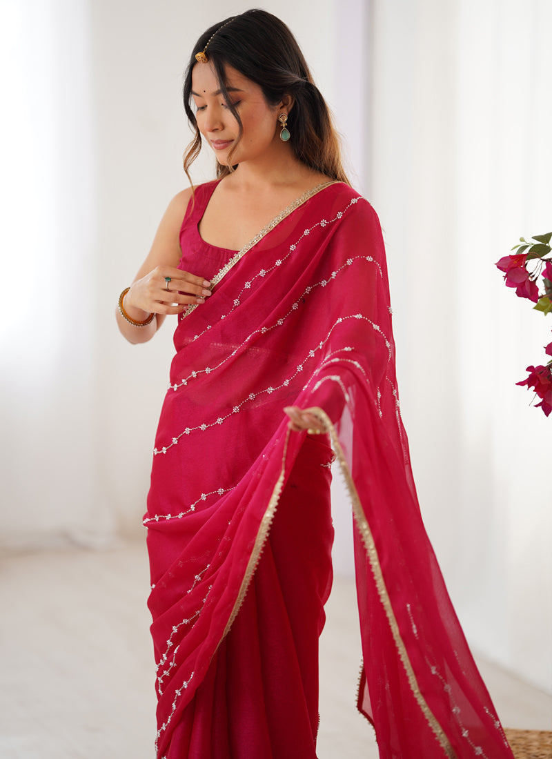 Pink Smooth Sitara Fabric Moti & Val Sequence Designer Saree
