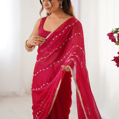 Pink Smooth Sitara Fabric Moti & Val Sequence Designer Saree