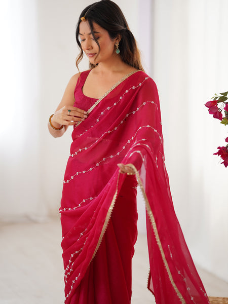 Pink Smooth Sitara Fabric Moti & Val Sequence Designer Saree
