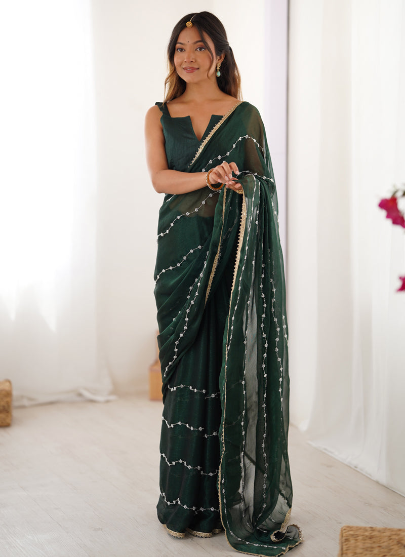 Green Smooth Sitara Fabric Moti & Val Sequence Designer Saree
