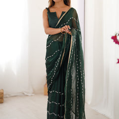 Green Smooth Sitara Fabric Moti & Val Sequence Designer Saree