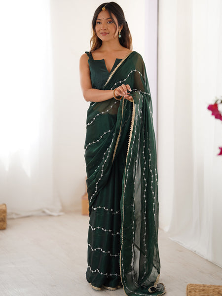 Green Smooth Sitara Fabric Moti & Val Sequence Designer Saree