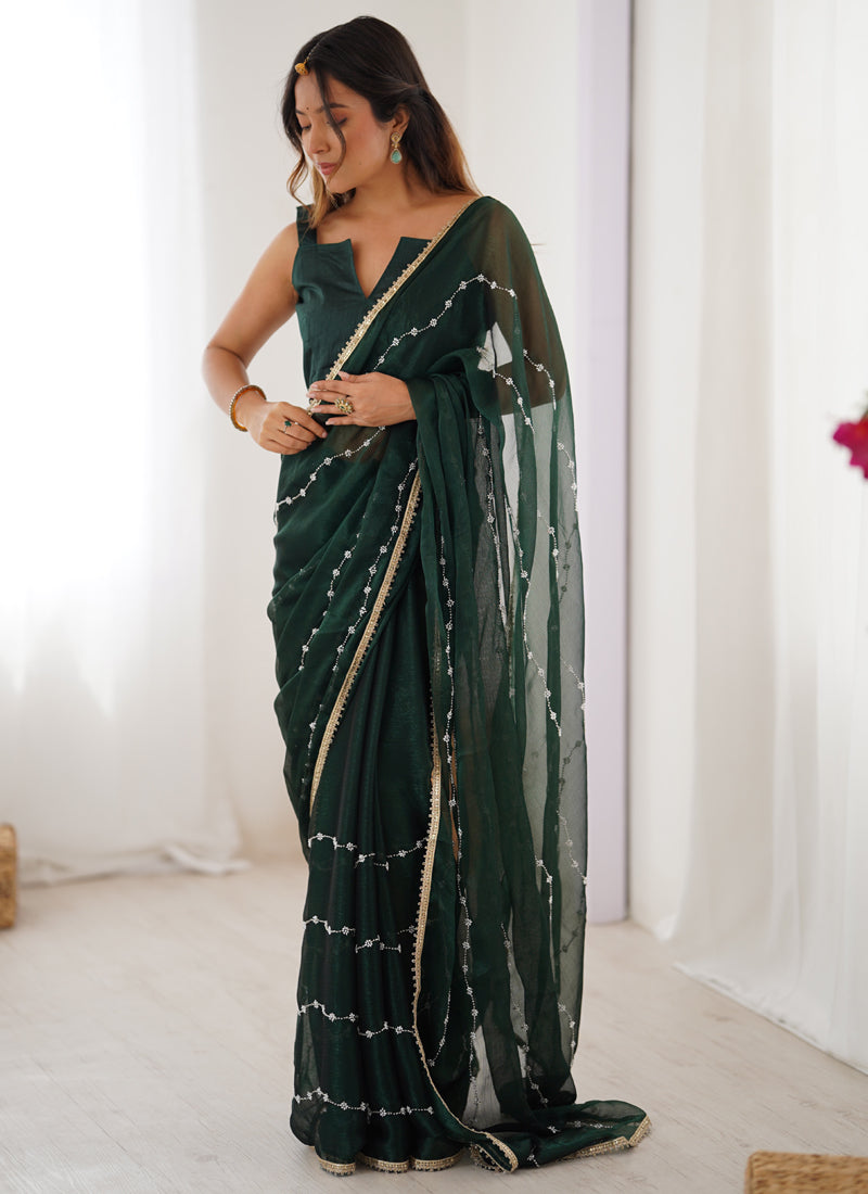 Green Smooth Sitara Fabric Moti & Val Sequence Designer Saree